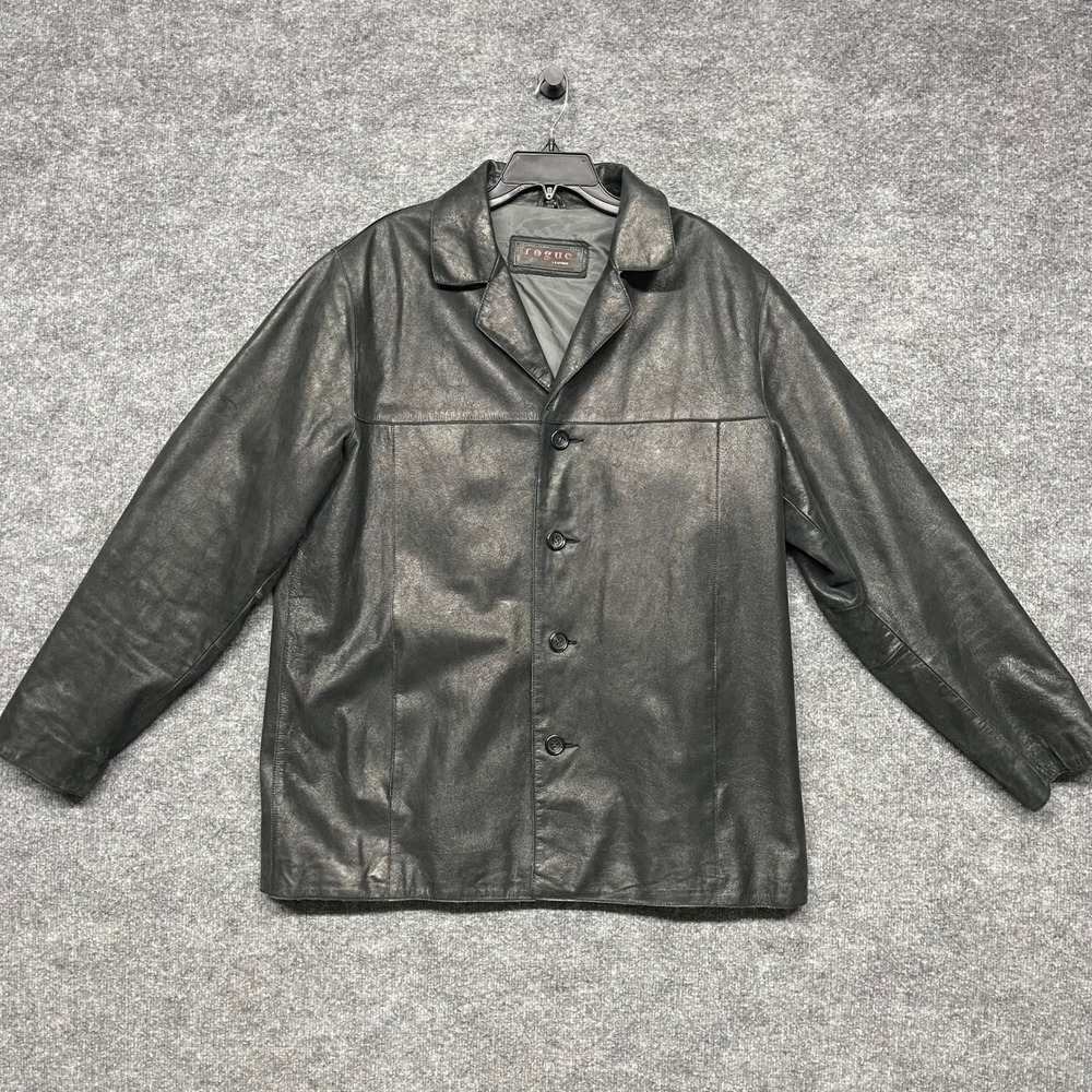 Rogue Leather Jacket Mens XL Black Genuine Button Front Moto Biker Coat